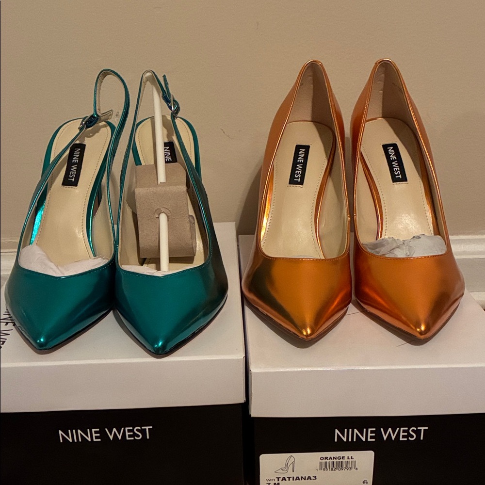 TWO PAIRS FOR PRICE OF ONE! Nine West Teal and Orange Metallic Heels